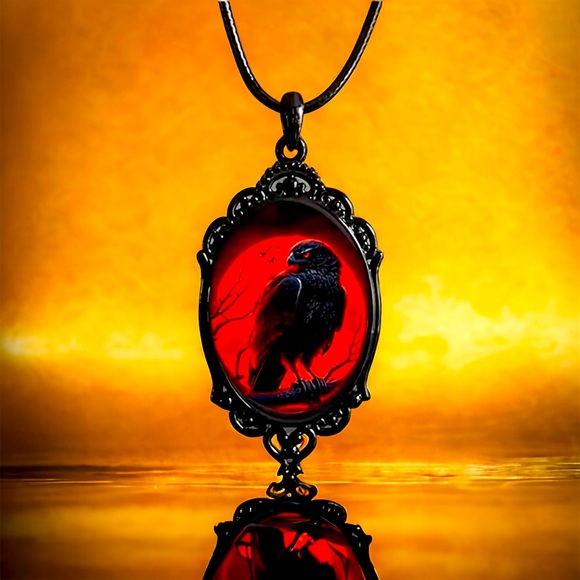 Red Moon Eagle Cameo Necklace Gothic Style Glass Pendent Choker Mystic Witch Jew - Picture 2 of 14